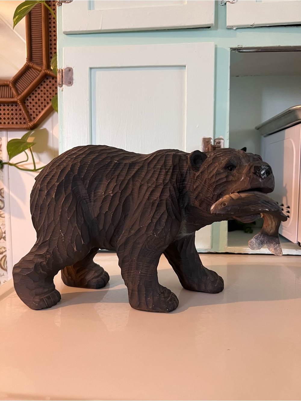 Black Bear Sculpture with Fish - Decorative Home Art